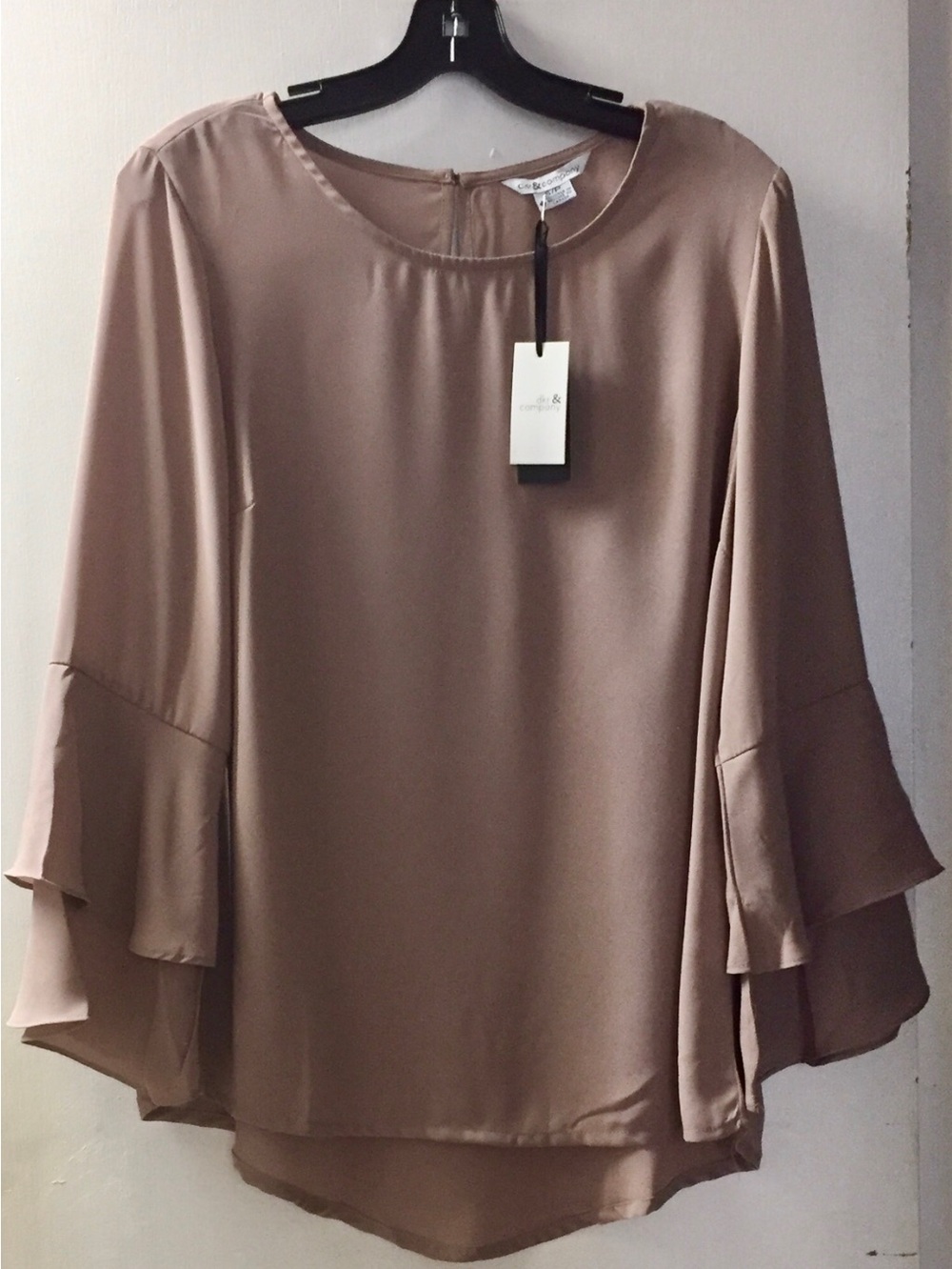 DKR Apparel Chiffon Blouse with Double Ruffle Sleeve-Taupe